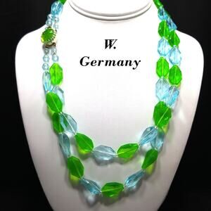 West Germany Green Blue Thermoset Bead Necklace, Two Strands, 1950s Vintage